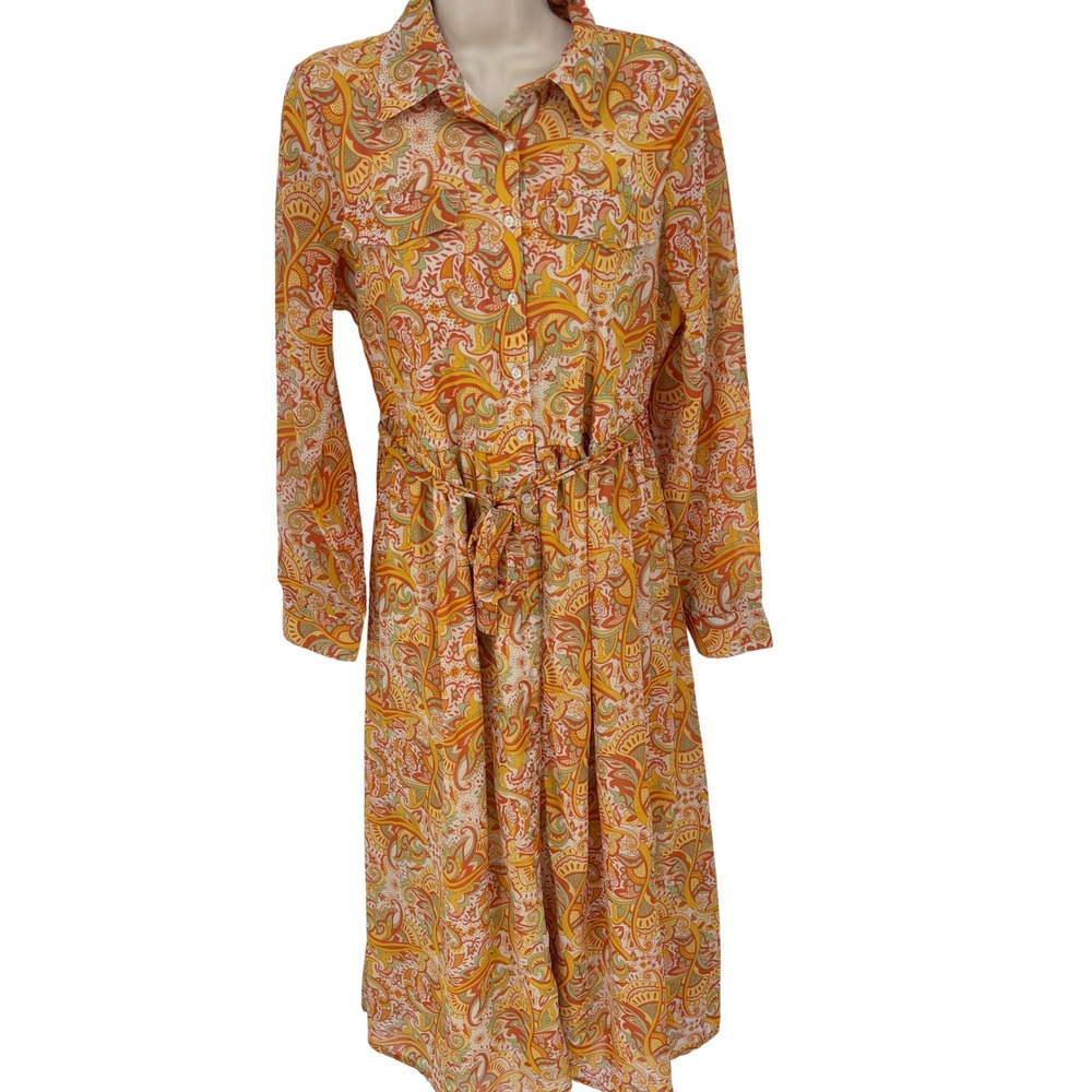 Margaux Riviera Womens Orange Paisley Long Sleeve Midi Shirtdress Size M